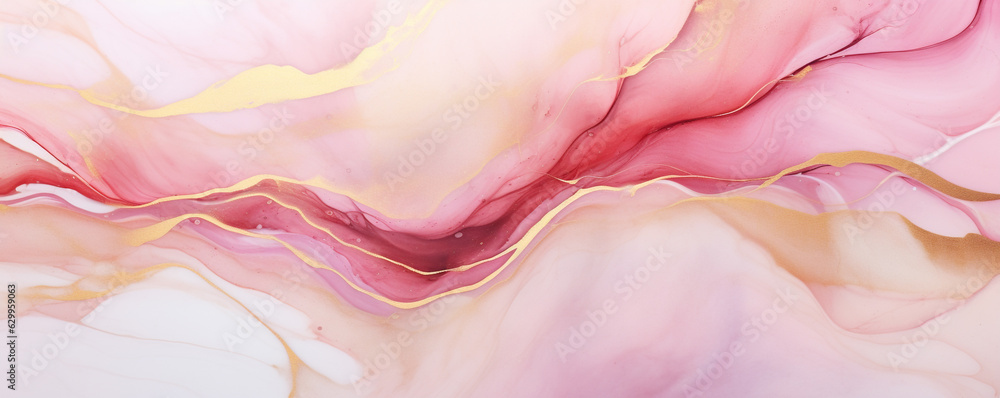 alcohol Ink texture pastel pink with golden lines abstract background made with generative AI
