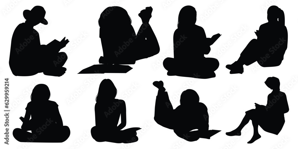 Reading Book Woman Silhouettes Vector illustration