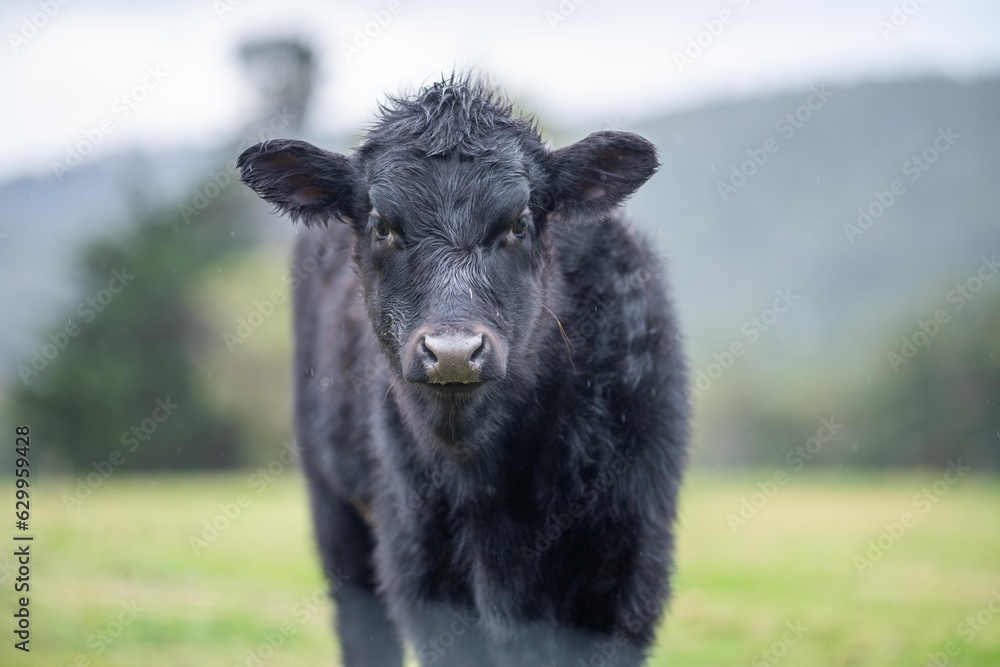 Close up of a black cows face in a field on a farm in the rain Close up of a black cows face in a field on a farm in the rain