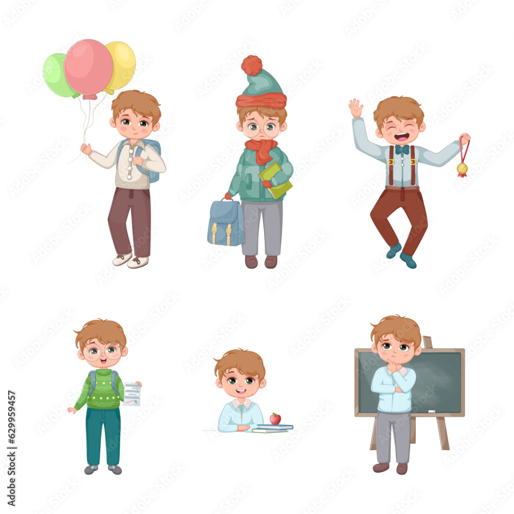 Set of 6 vector illustrations with a schoolboy Set of 6 vector illustrations with a schoolboy