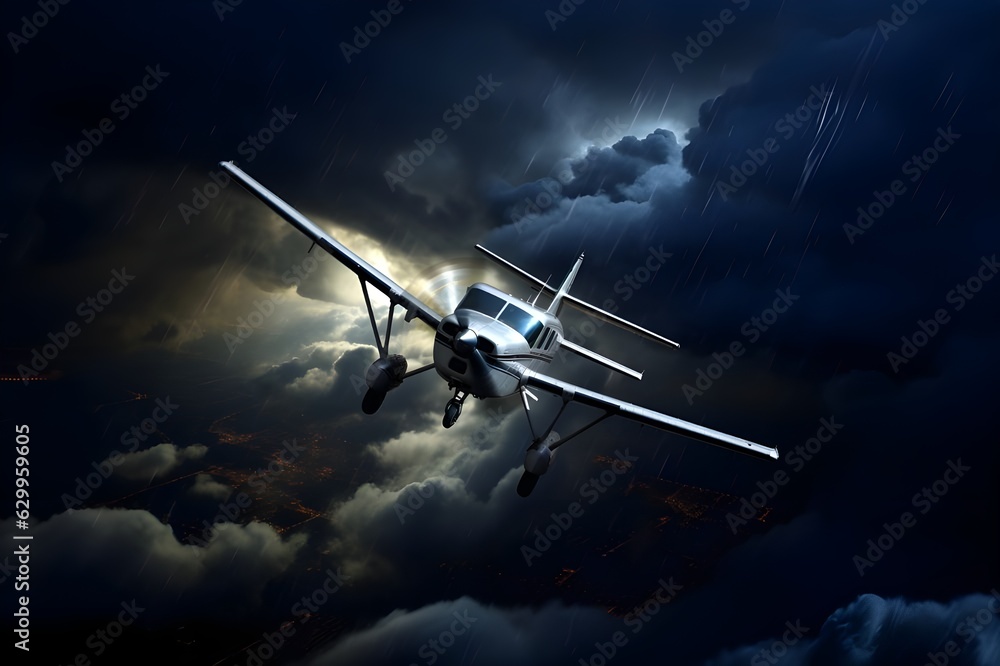 General aviation cessna propeller plane flying through thunderstorm ...