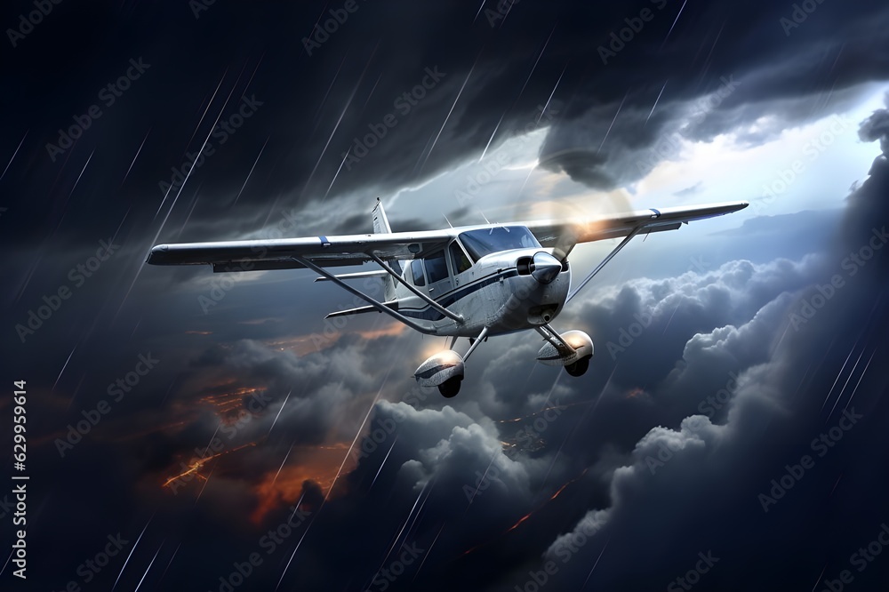 General aviation cessna propeller plane flying through thunderstorm ...