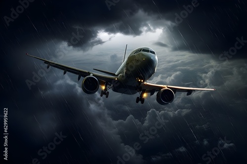 Boeing commercial airplane flying through thunderstorm, heavy rain, lightning strike, storm, generative ai