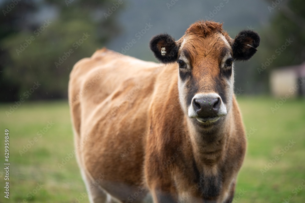 Close up of a black cows face in a field on a farm in the rain