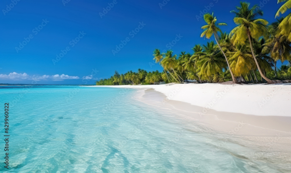 Tropical landscape of the beach. View palm trees, sand, ocean. Vacation on a beautiful island. Created with generative AI tools