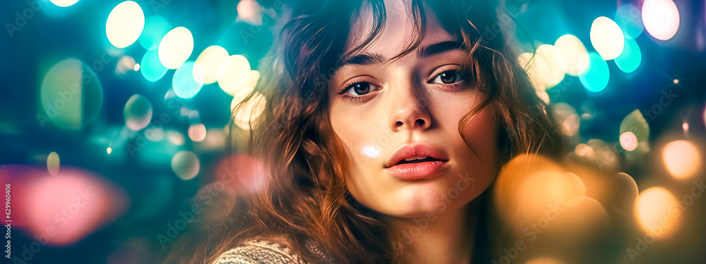 abstract portrait of a young attractive woman with a blurred bokeh effect in the background, banner copy space made with Generative AI abstract portrait of a young attractive woman with a blurred bokeh effect in the background, banner copy space made with Generative AI