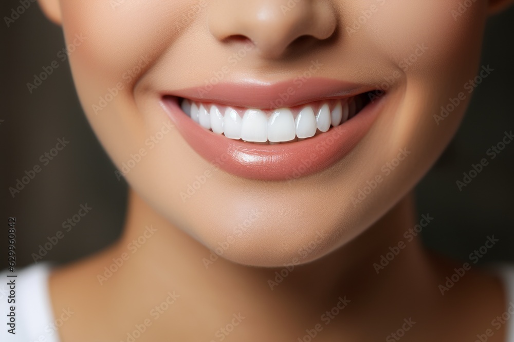 Perfect white healthy teeth of a smiling woman close-up. Portrait with selective focus and copy space Perfect white healthy teeth of a smiling woman close-up. Portrait with selective focus and copy space