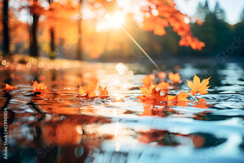 water reflection at sunset in autumn leaves on the lake ai generated art 