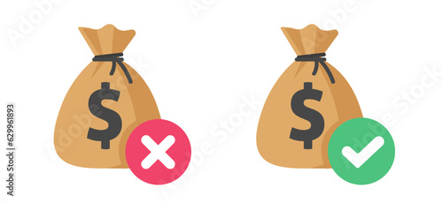 Money transfer transaction payment cancel icon vector graphic, declined approved finance status check mark, suspended blocked bank cash request, currency valid verified image clipart