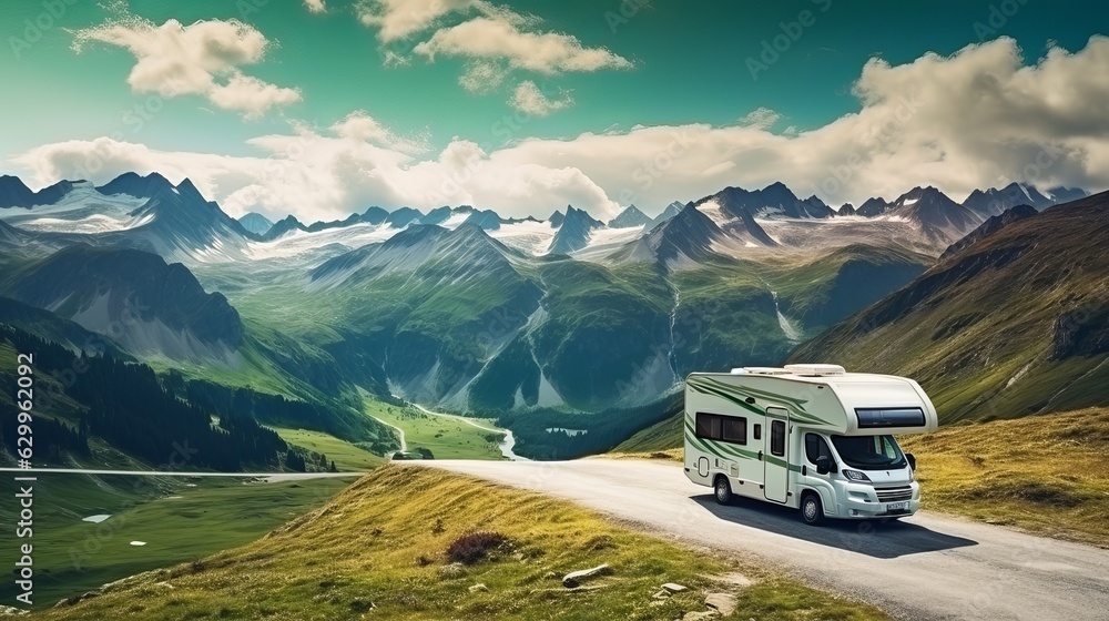 Family vacation travel, holiday trip in motorhome, Caravan car Vacation. Beautiful Nature Italy natural landscape Alps Generative AI
