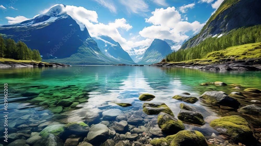 Beautiful Nature Norway natural landscape. lovatnet lake Generative AI - obrazy, fototapety, plakaty 