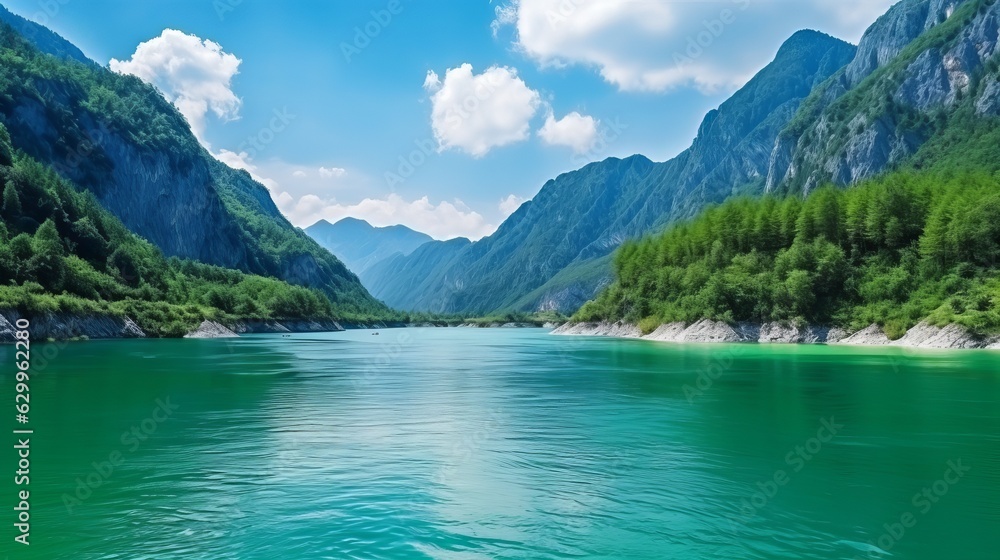 Emerald water of Piva lake. Montenegro. Nature travel background Generative AI