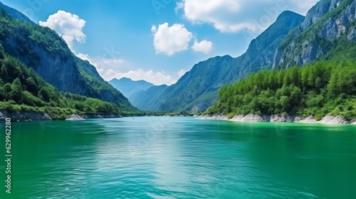 Emerald water of Piva lake. Montenegro. Nature travel background Generative AI photo