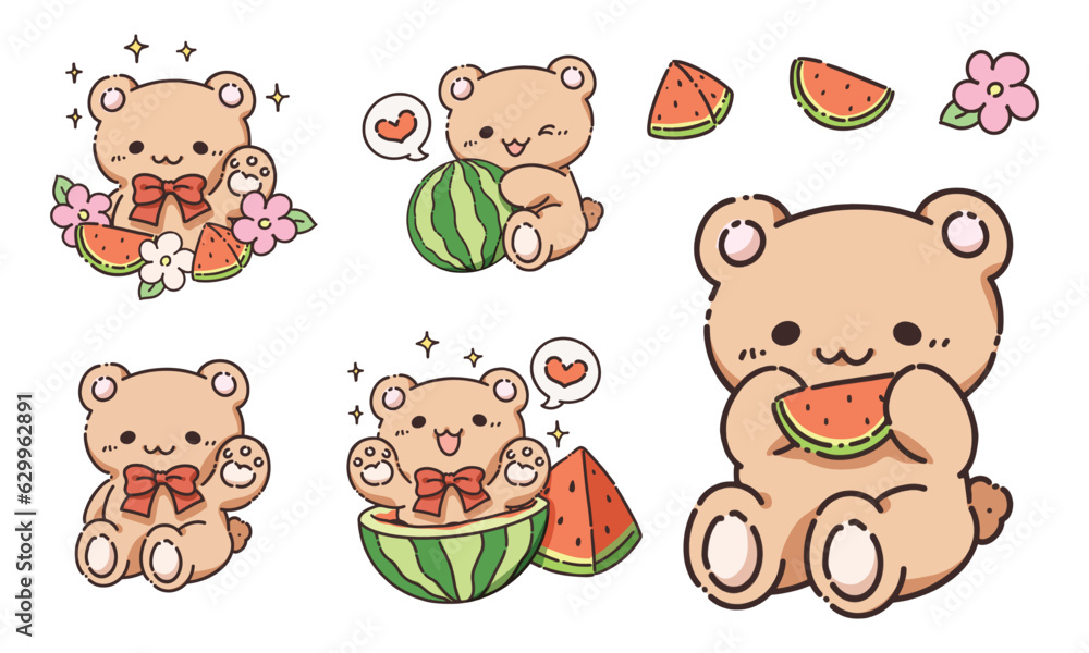 Cute design element cartoon, cartoon illustration of bear with watermelon character elements, Cartoon illustration for children, Vector image.