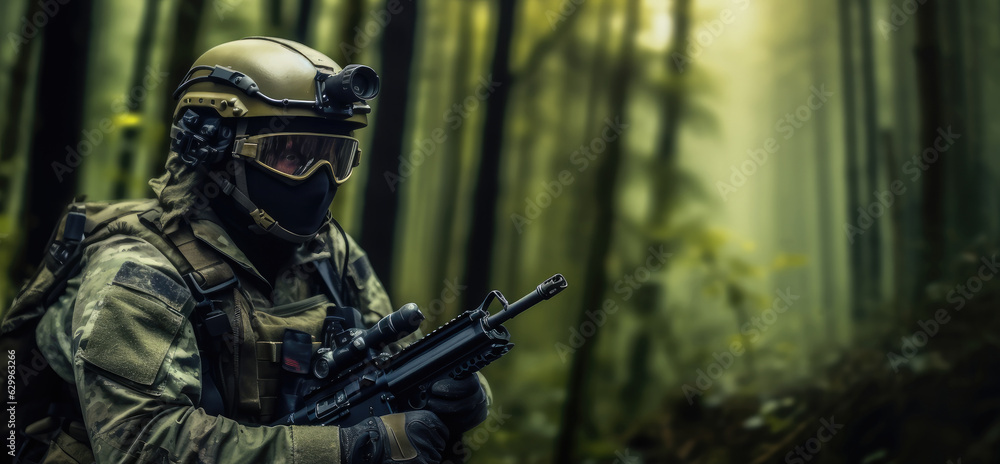 Camouflage tactical commando soldier in green forest.