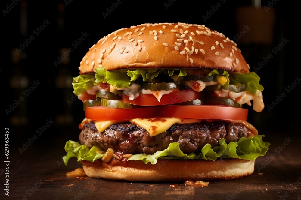 Burger, juicy American beef burger, fastfood, beef patty, bbq, barbecue, Generate Ai 