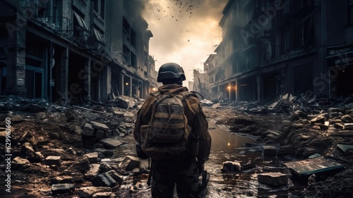 Military soldier, Soldier in the middle of a war in destroyed city.
