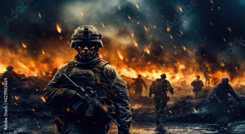 Soldier in the middle of a war in an apocalyptic city, Military operation.