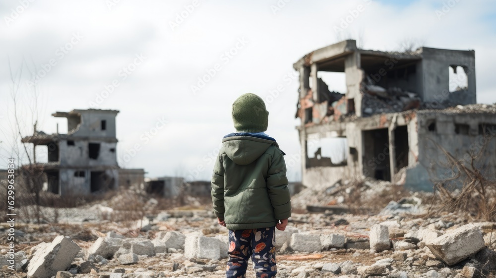Little children standing in ruins of old building, Rear view. Little children standing in ruins of old building, Rear view.