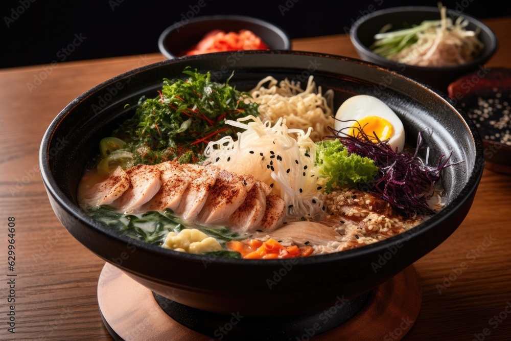 a bowl of steaming hot ramen, with a variety of toppings and ingredients a bowl of steaming hot ramen, with a variety of toppings and ingredients