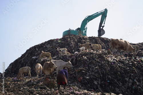 Large mountains of garbage piled up at the Piyungan final disposal site, seen by scavengers carrying excavators. Waste management emergency in Yogyakarta. photo