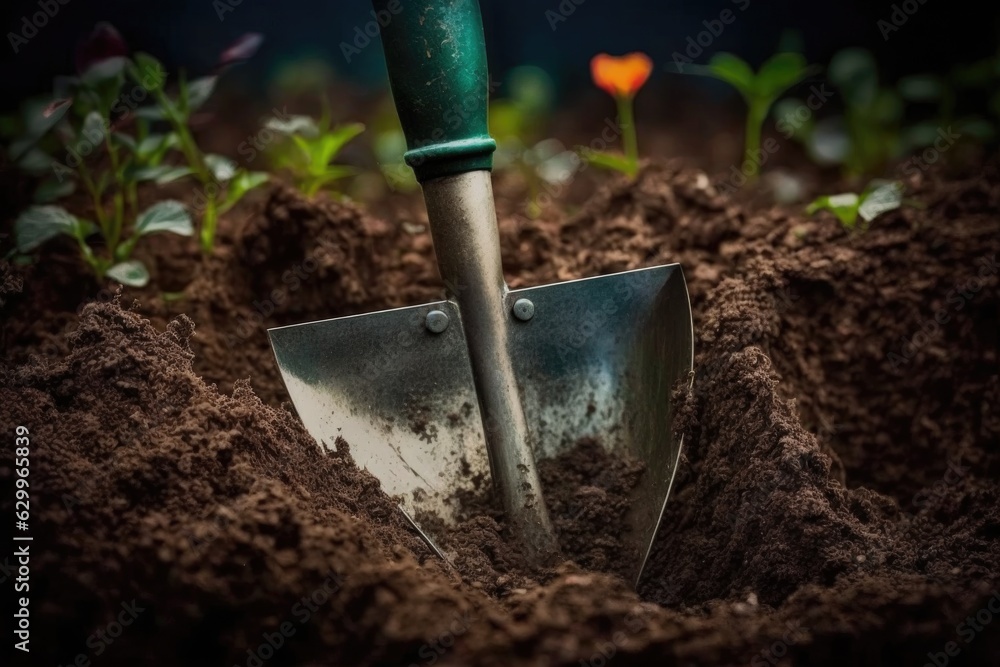 close-up of garden spade with its blade digging into the soil close-up of garden spade with its blade digging into the soil