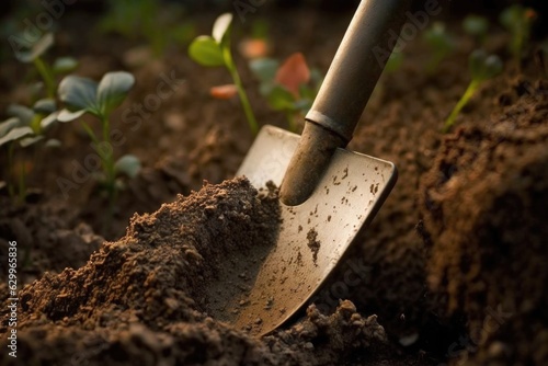 close-up of garden shovel with fresh soil still clinging to its blade