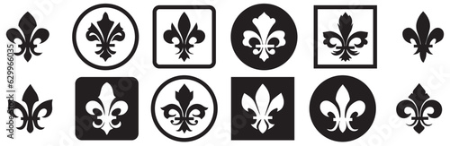 Obraz Set of fleur de lis vector icons. Floral ornament. Black heraldic ornament. Lily flower symbol. Vector Illustration. Vector Graphic. EPS 10