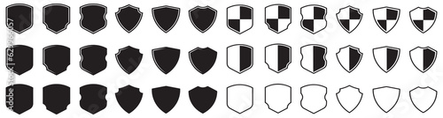 Shield damaged vector icon set. Medieval protection symbol collection. Defense flat black icons. Vector Illustration. Vector Graphic. EPS 10