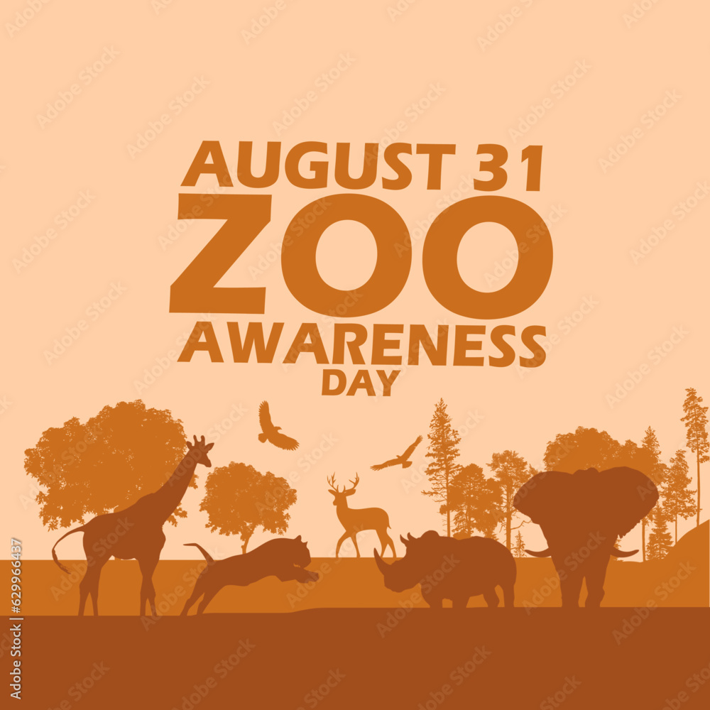 Fototapeta premium Illustration of silhouettes of some wildlife animals with big bold text on light brown background to commemorate National Zoo Awareness Day on August 31
