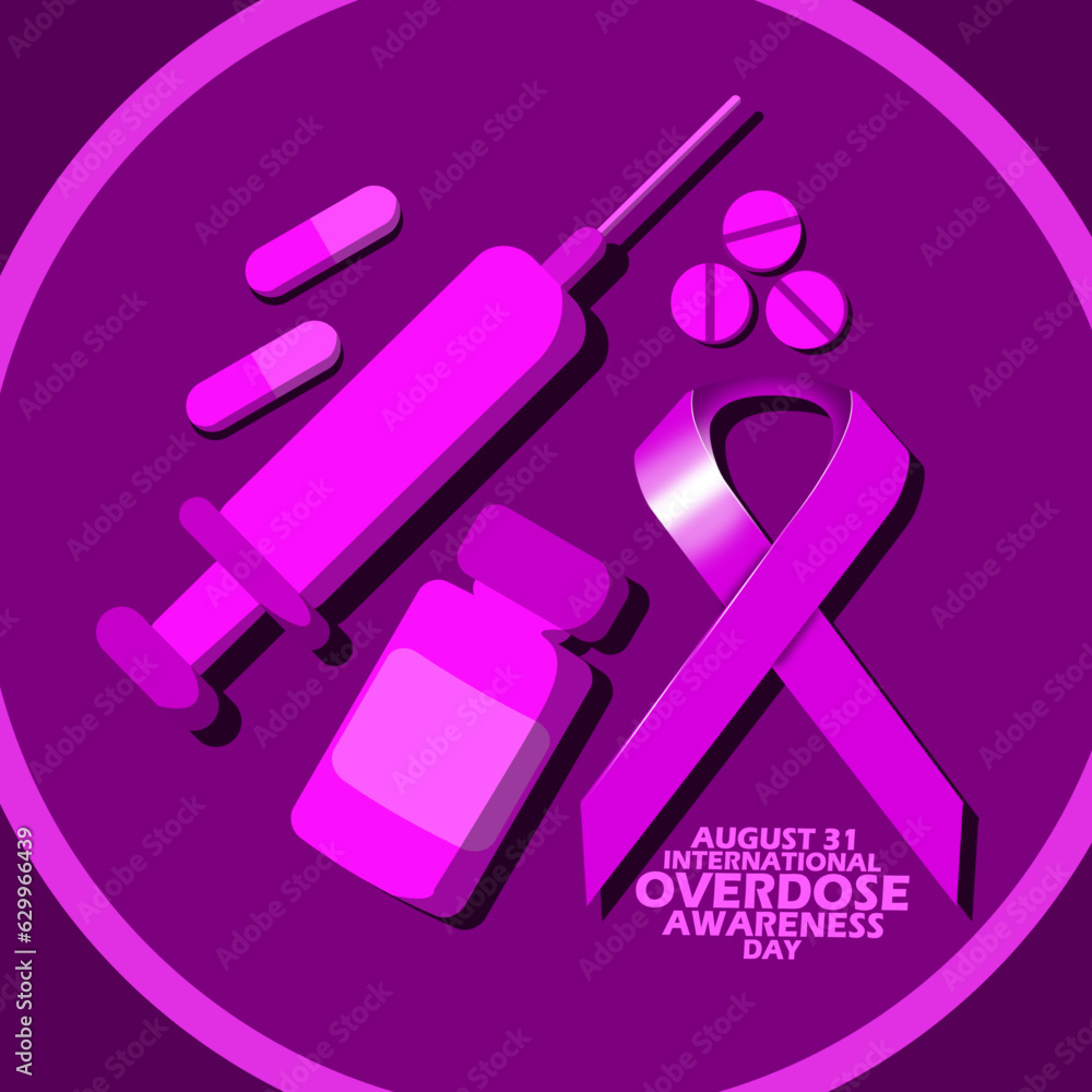 Syringe, vial, pill and capsule icon with purple ribbon and bold text on dark purple background for commemorate International Overdose Awareness Day on August 31