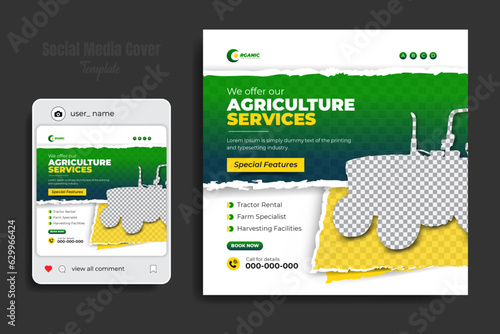 Agriculture and farming service social media cover or post and web banner design template with geometric green gradient color shapes