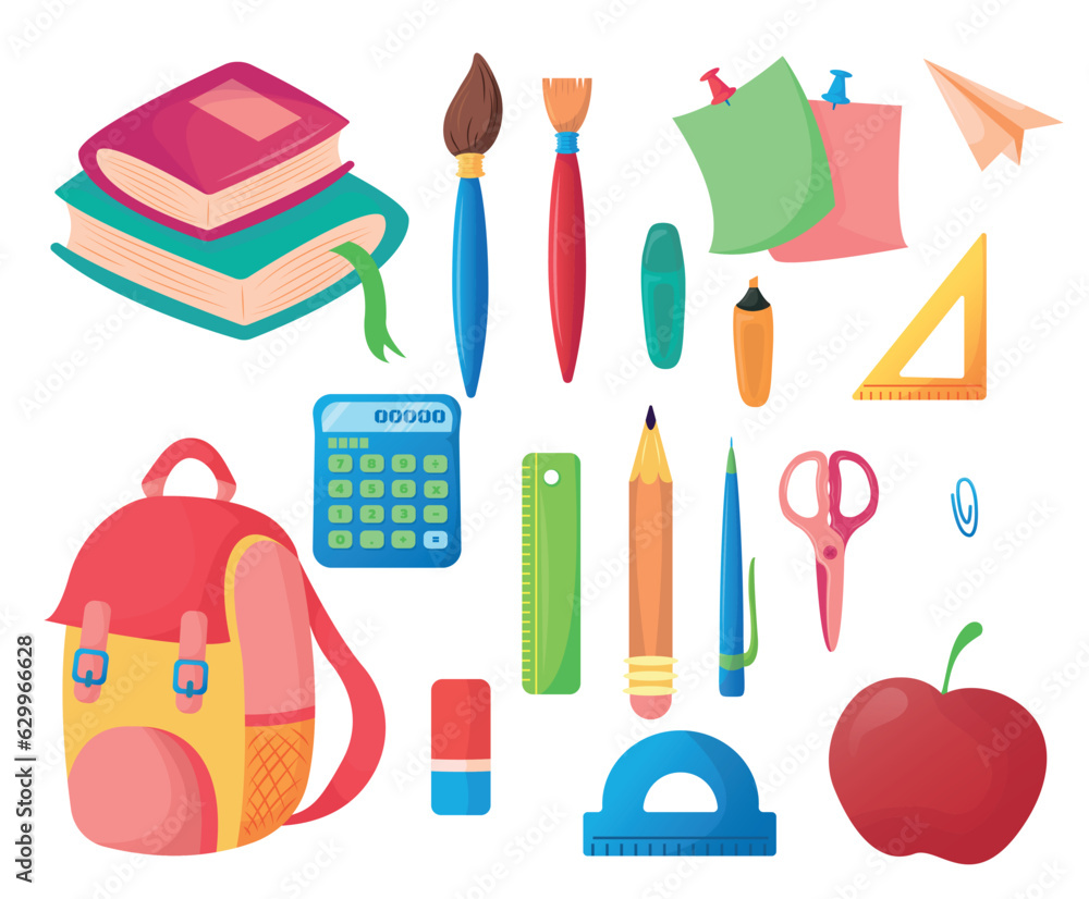 School supplies set - books, backpack, calculator, brushes, ruler, eraser, pen, pencil, markers, notes, scissors, apple, paper clip. Elements isolated on white background. Vector illustration.