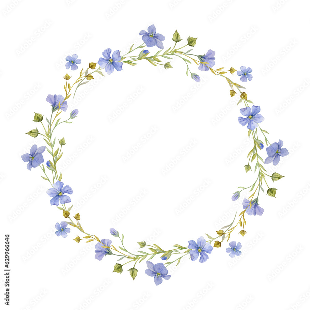 Hand drawn watercolor flax linen blue flowers, stems and leaves. Natural plant. Botanical illustration, circle wreath frame isolated on white background. For shop logo print, website, card, booklet.