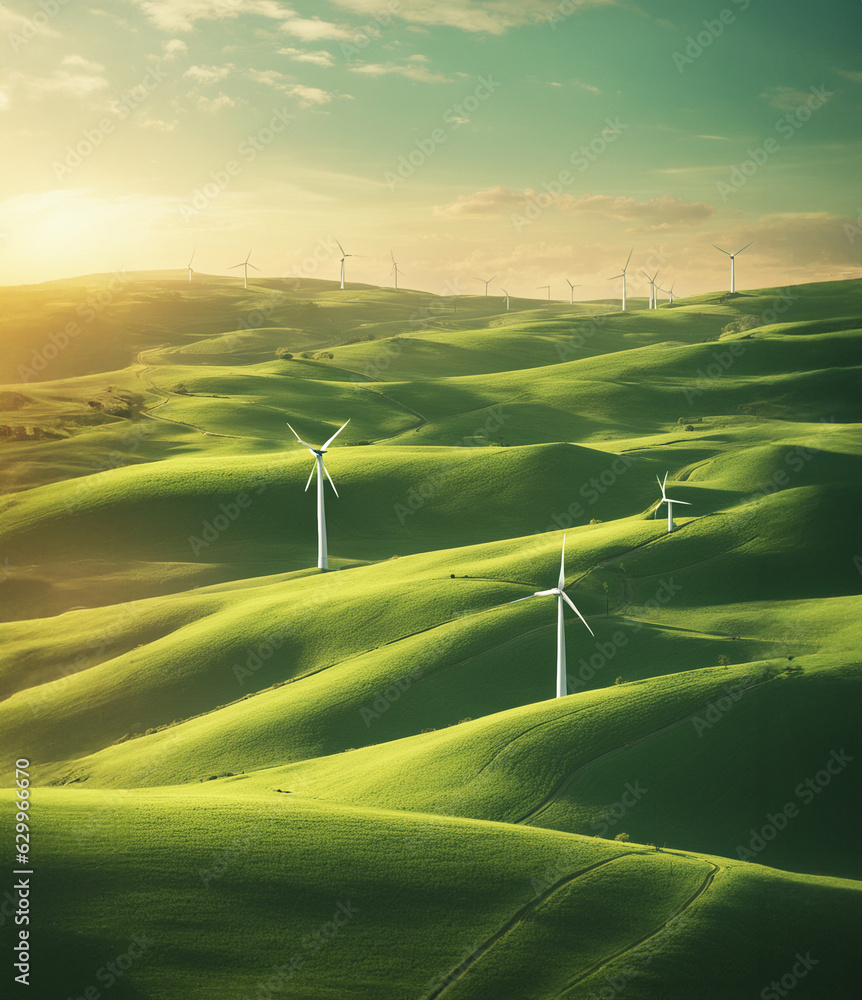 immagine con windfarm su paesaggio di verdi colline con sole al tramonto - energie rinnovabili e ambiente - obrazy, fototapety, plakaty 