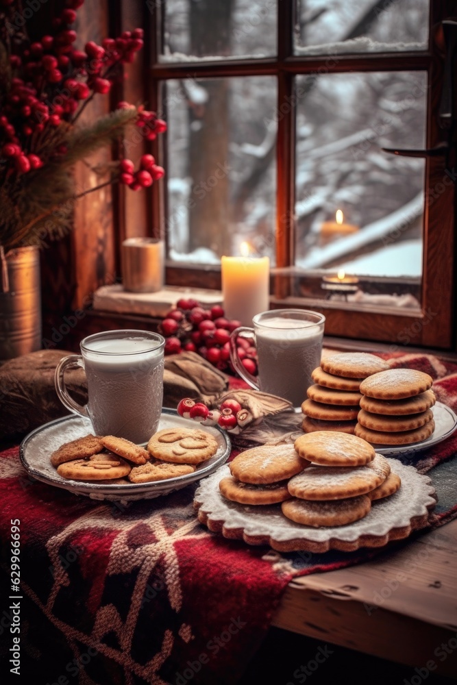 christmas cookies and hot cocoa on a cozy table