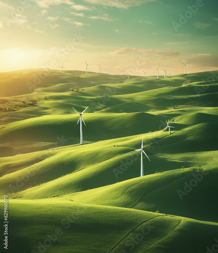 immagine con windfarm su paesaggio di verdi colline con sole al tramonto - energie rinnovabili e ambiente photo