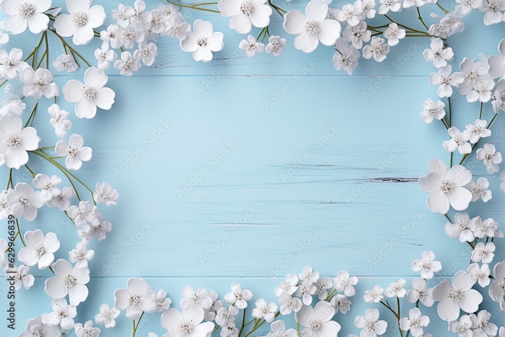 Wooden board background with flowers arround with blank space for adding image, logo or design. Generative Ai Wooden board background with flowers arround with blank space for adding image, logo or design. Generative Ai