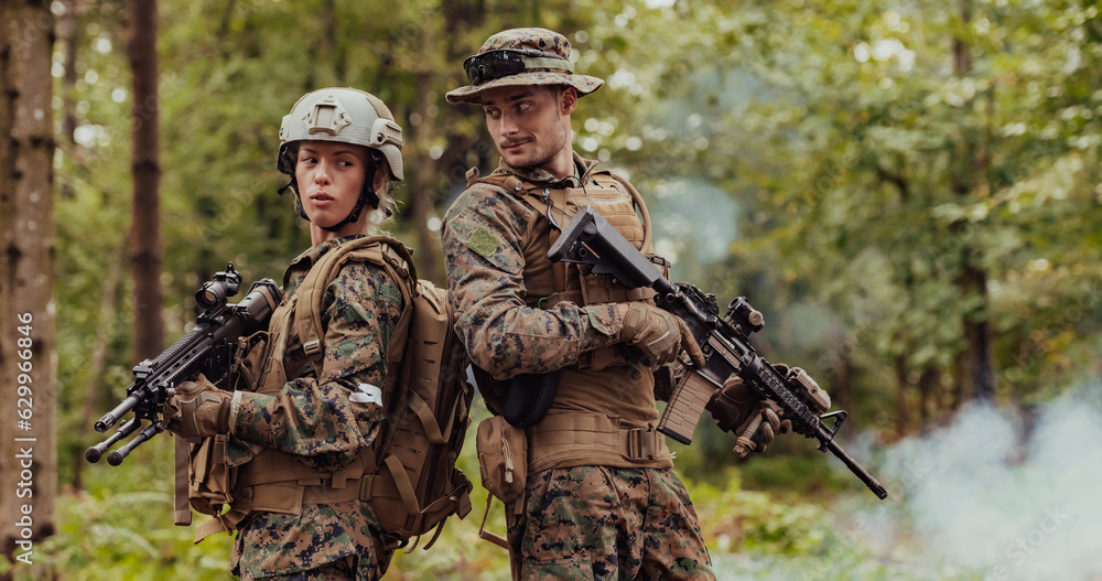 Modern Warfare Soldiers Squad Running in Tactical Battle Formation Woman as a Team Leader Modern Warfare Soldiers Squad Running in Tactical Battle Formation Woman as a Team Leader