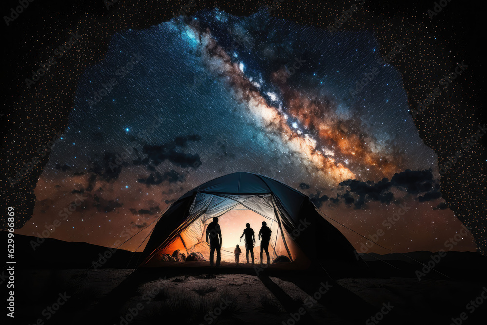 Camping tent under a beautiful starry sky, AI generated
