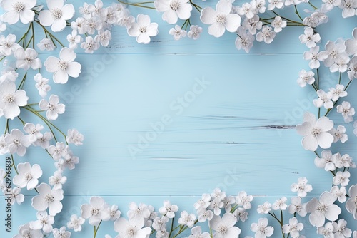 Wooden board background with flowers arround with blank space for adding image, logo or design. Generative Ai