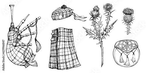 Ink hand drawn vector sketch of isolated objects. Scotland symbols menswear, tartan kilt, beret, bagpipes, sporran pouch, thistle flowers. For tourism, travel, brochure, guide, print, card, tattoo. photo