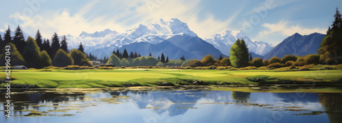 Golf course at sunset with beautiful sky, mountains and sand trap. Generative AI. © GustavsMD