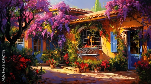  painting style illustratio  vivid pink purple flower blossomimg bougainvillea climbing plant tree covered on small house wall and roof  happy relax vibe wallpaper  Generative Ai