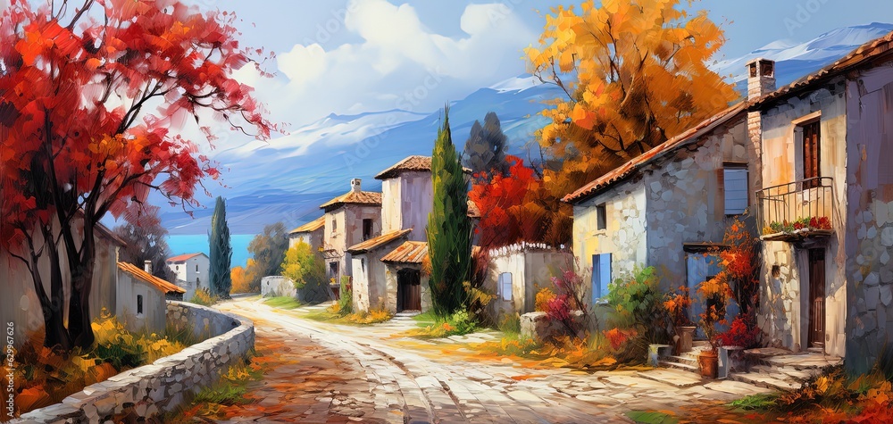 Fototapeta premium painting style illustration of beautiful house on hill with nature landscape, Generative Ai