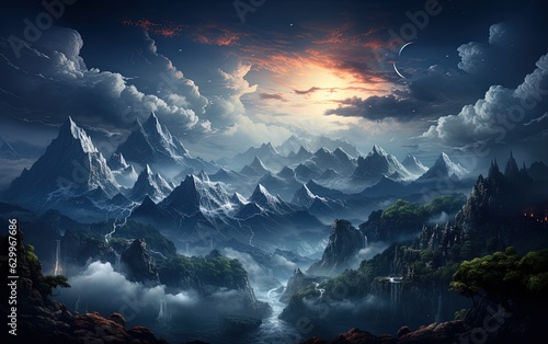 Mountain Range Covered in Mist and Clouds