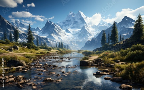 Picturesque Mountain Lake Surrounded by Snow Capped Peaks and Dense Pine Forests