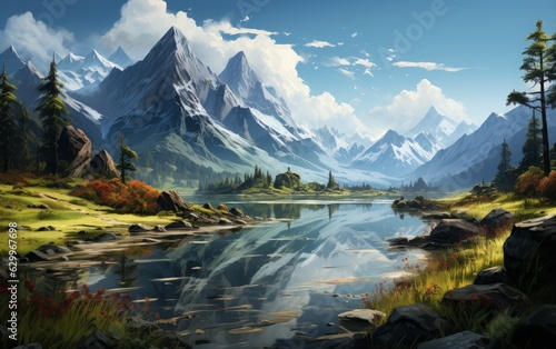 Picturesque Mountain Lake with Snow Capped Peaks and Pine Forests