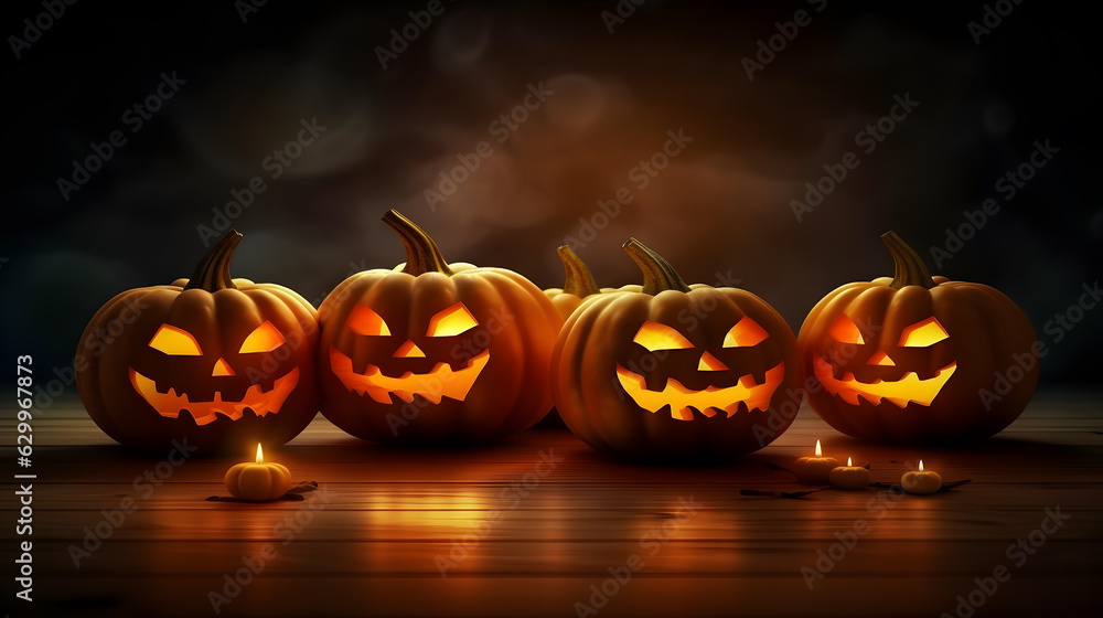 Fototapeta premium Halloween jack o lantern with pumpkin Halloween background with pumpkin and bats at cemetery