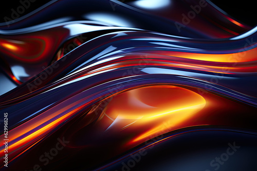 3d render, abstract geometric background illuminated with blue and orange neon light. Glowing wavy line. Futuristic minimal wallpaper.